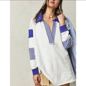 Free People We The Free Clean Prep Polo Oversized Mixed Stripe Printed Top M